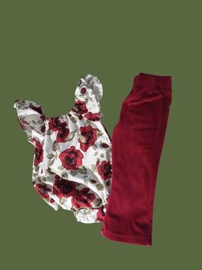 BABY GIRL ROSES ROMPER silk look onesie with Disney kids velour red pant